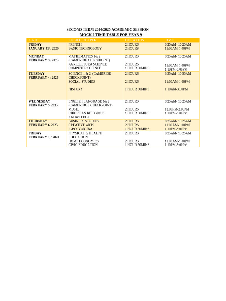 Year 9 Mock Exam Timetable 2025 | PDF