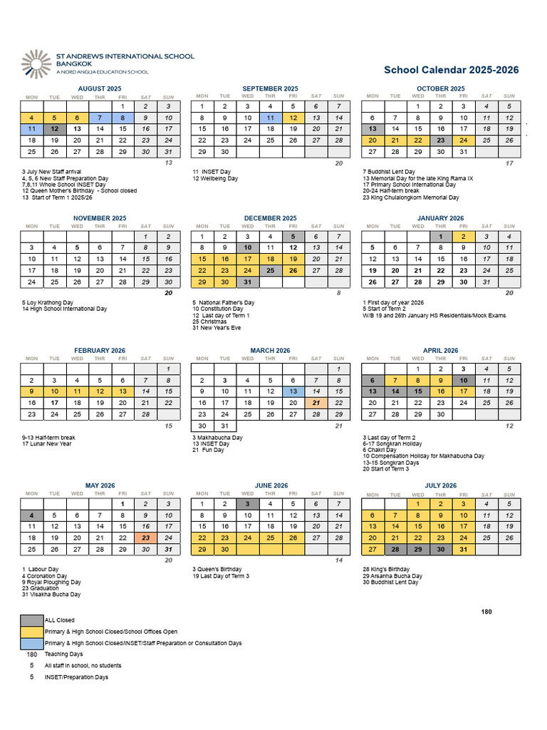 STA School Calendar 2025-26 | PDF | Thailand | Holidays