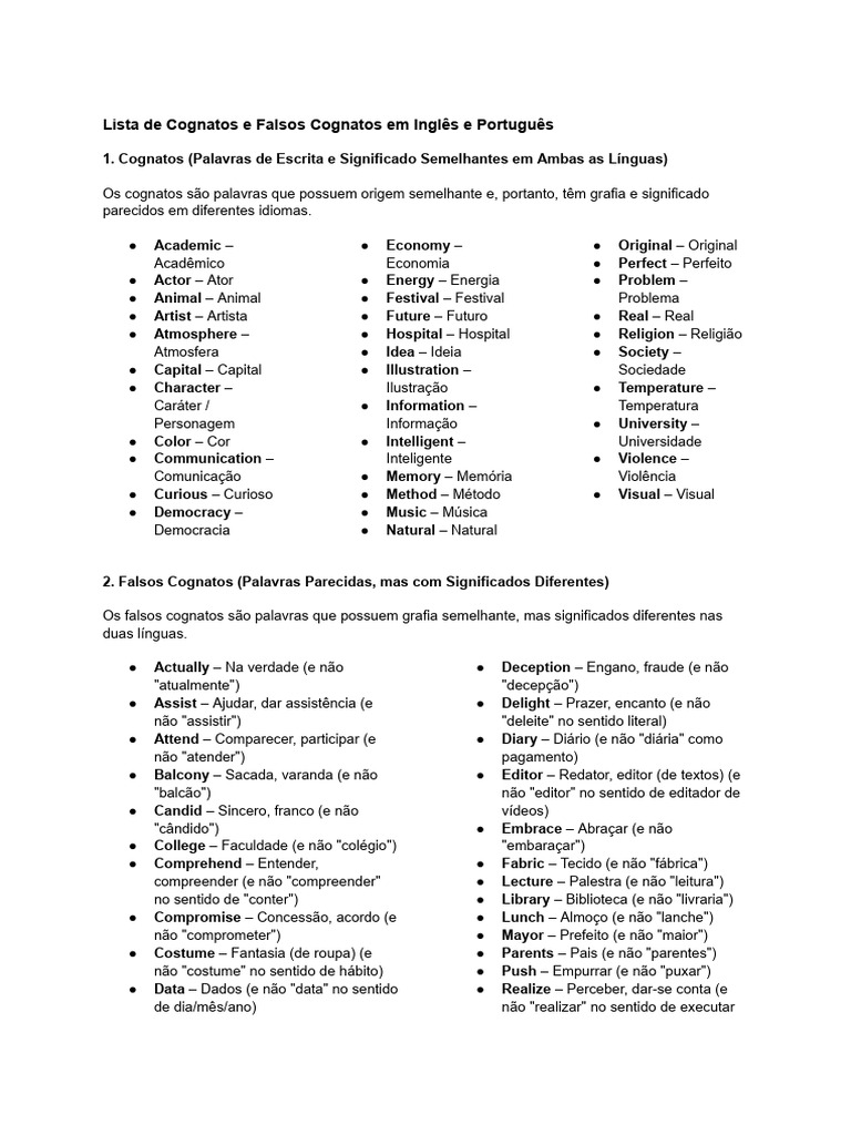 Cognatos e Falsos Cognatos em Inglês e Português | PDF | Cognição ...