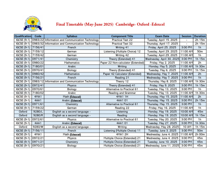G10 Timetable (May-June 2025) Examination | PDF | Qualifications ...