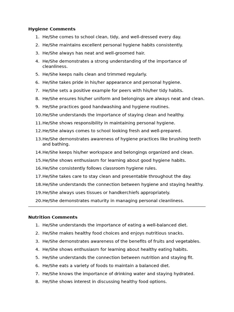 Hygiene and Nutrition Comments | PDF | Microsoft Word | Hygiene