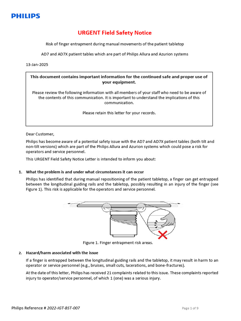 Philips Urgent Safety Notice: AD7 Table Risk | PDF | Cardiology ...