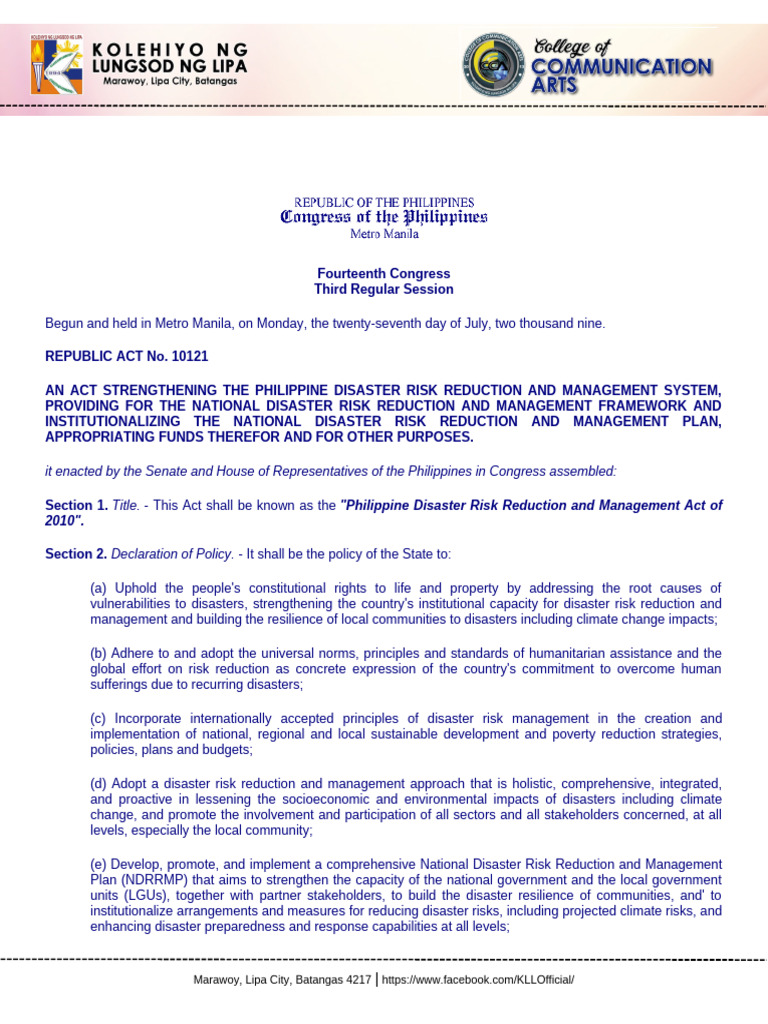 Philippine Disaster Risk Management Act | PDF | Disaster Risk Reduction ...