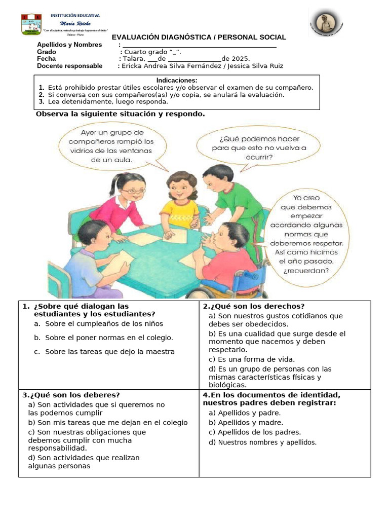 Examen Diagnóstico de Personal Social 4to grado | PDF | Perú | Andes