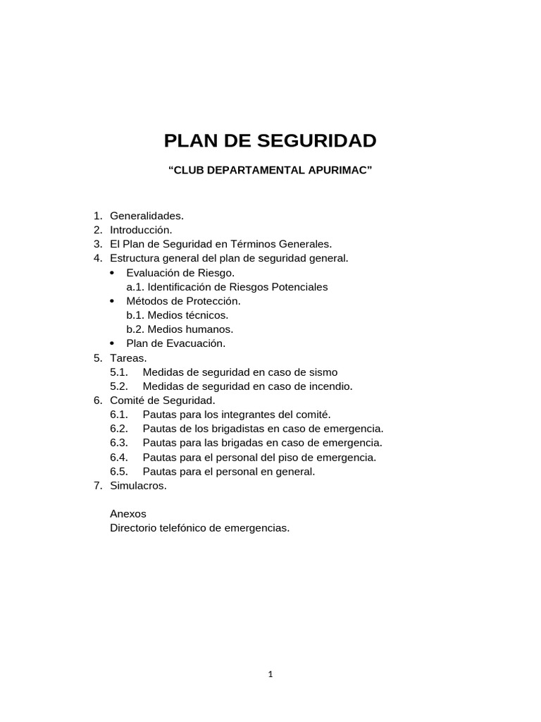 Plan de Seguridad para Club Apurímac | PDF | Riesgo | Valores