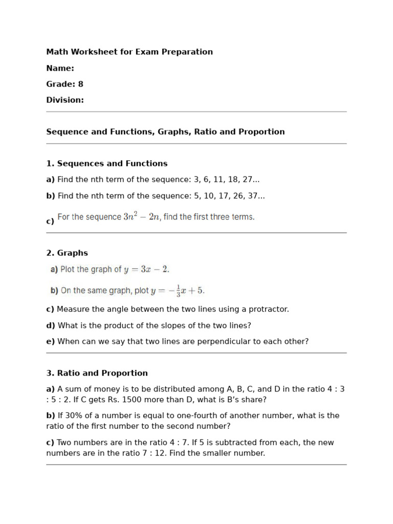 8th Grade Math Exam Prep Worksheet | PDF