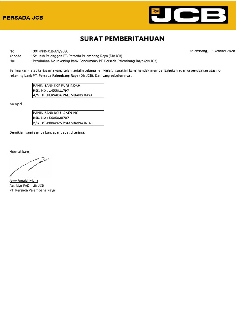 Pemberitahuan Perubahan Rekening Bank | PDF