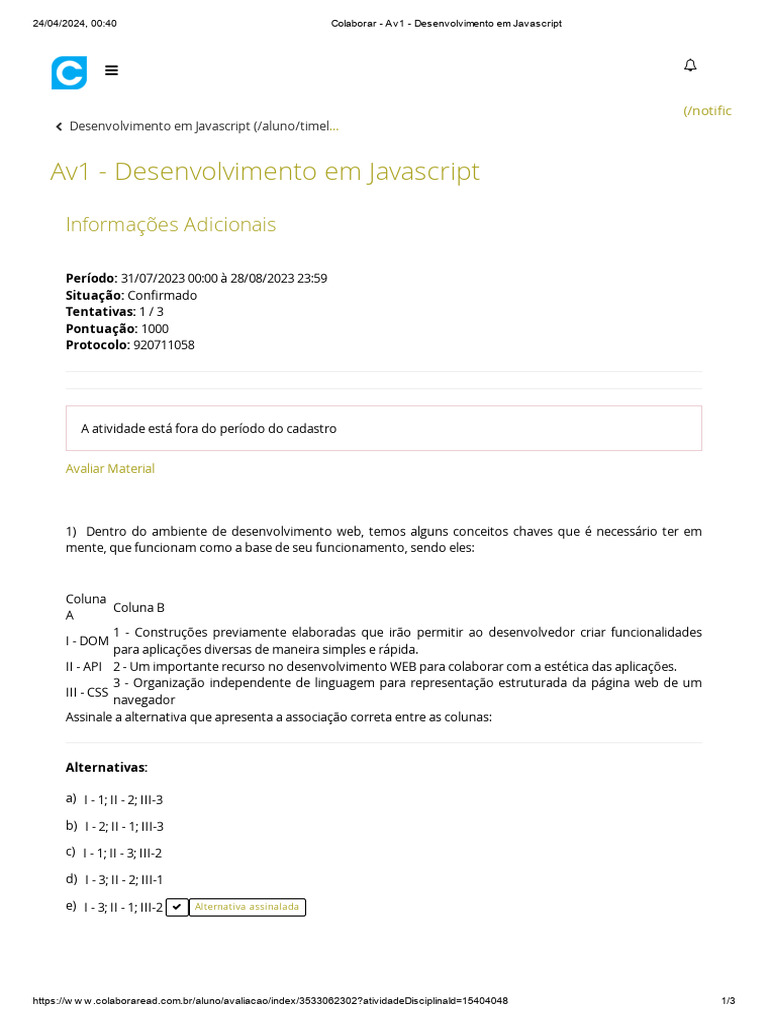 Avaliação 1: Desenvolvimento em Javascript | PDF | Script Java | Rede ...