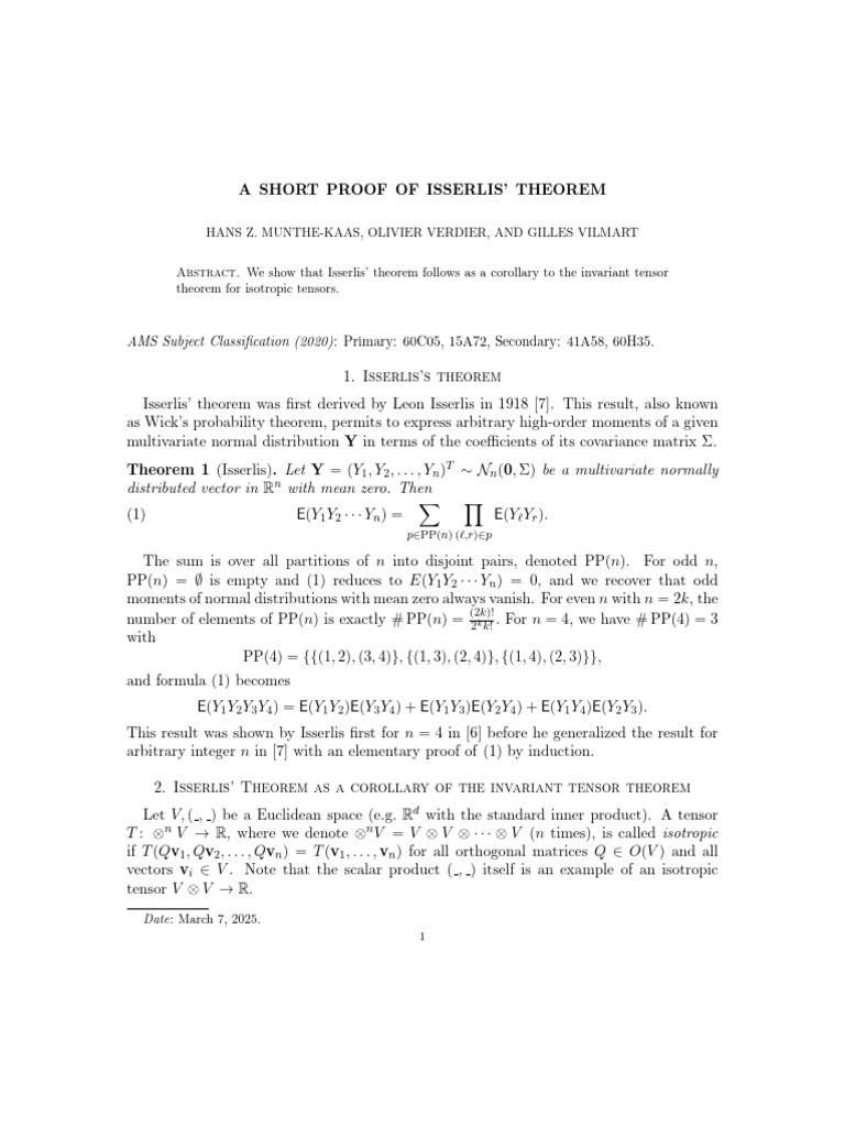 MUNTHE ShortProofIsserlisTheorem | PDF | Matrix (Mathematics) | Tensor