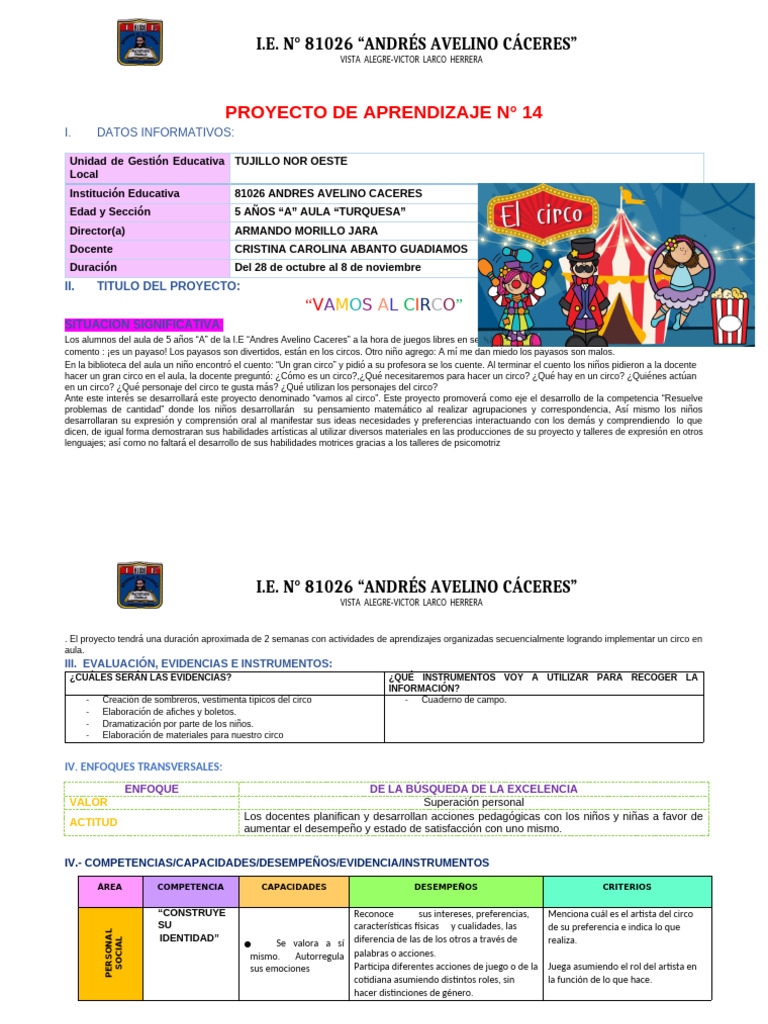 Proyecto "Vamos al Circo" en I.E. 81026 | PDF | Salón de clases | Maestros
