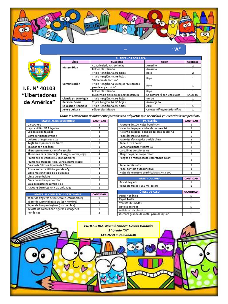 Lista de útiles 1° grado 2025 | PDF | Color | Tecnicas artisticas