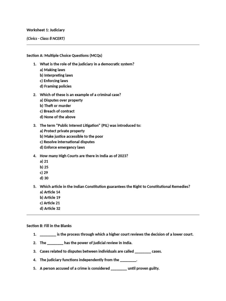 Judiciary Worksheet for Class 8 | PDF | Judiciaries | British Raj
