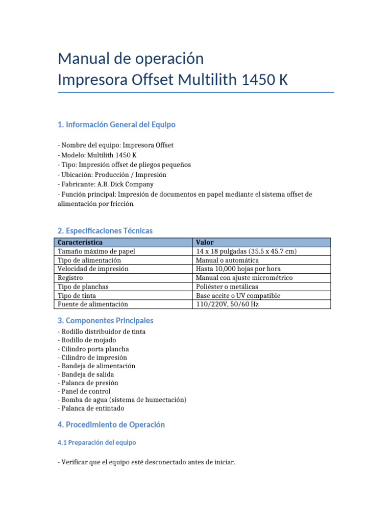 Manual de Operacion Impresora Offset Multilith 1450K | PDF | Impresora ...