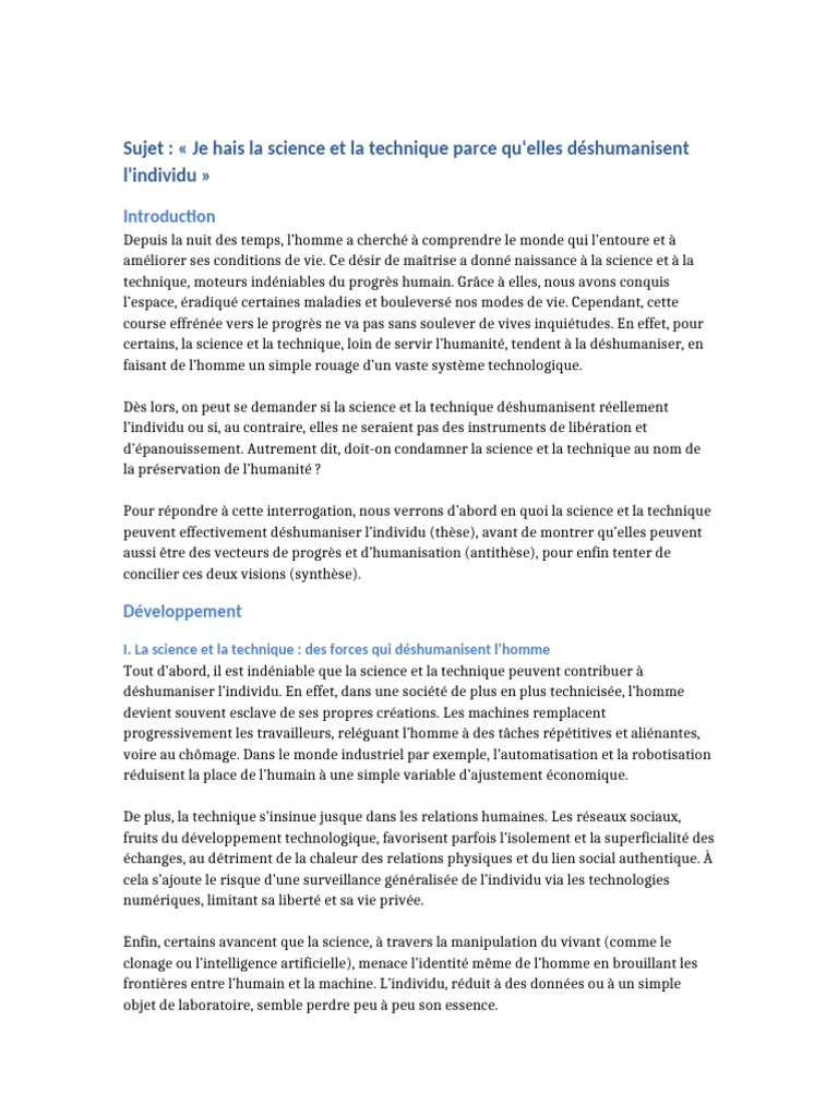 Science et technique : déshumanisation ou progrès ? | PDF | Science ...