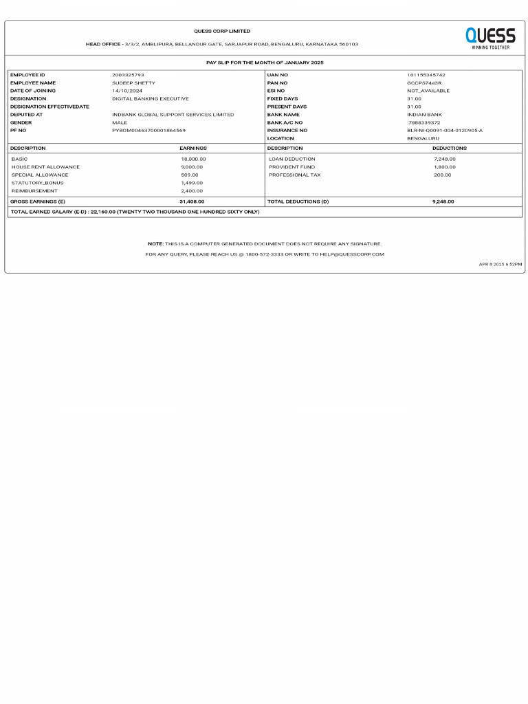 Sudeep - Shetty - January 2025 - Salary Slip - January-2025 | PDF
