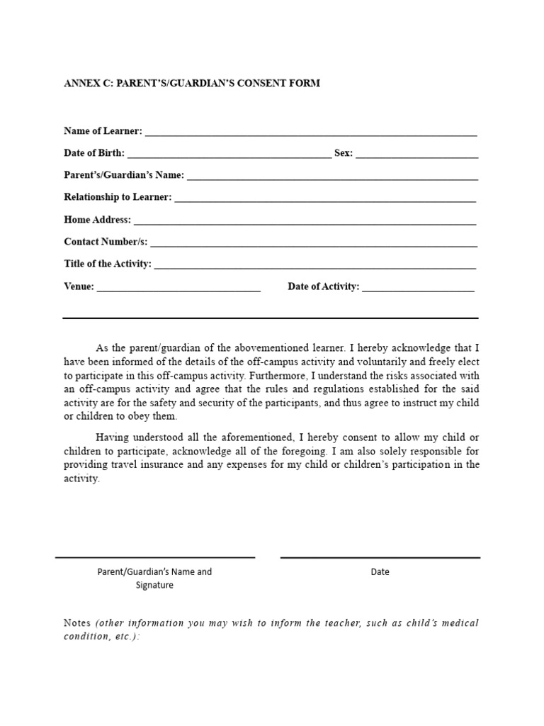 Parent Consent Form for Off-Campus Activity | PDF