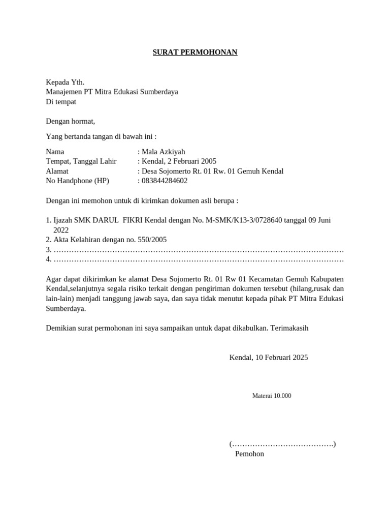 Surat Permohonan Pengambilan Dokumen | PDF