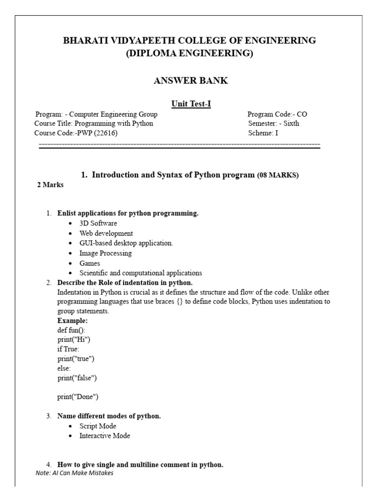PWP_22616_AnswerBank_Unit_Test_I | PDF | Control Flow | Data Type