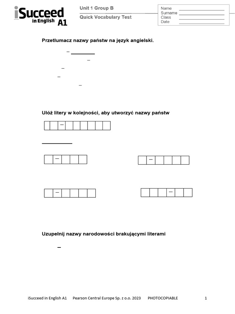 ISucceed - A1 Unit 1 Quick Test Vocabulary Group B | PDF