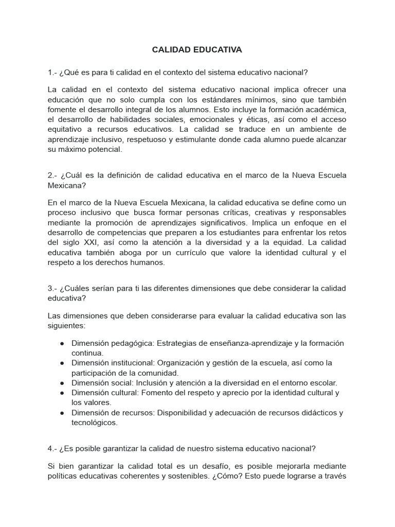 Dimensiones de la Calidad Educativa | PDF | Inclusión (Educación ...