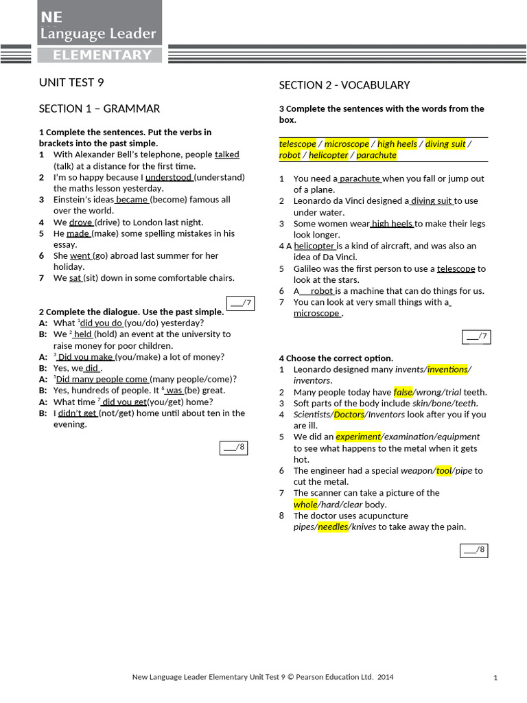 Elementary Unit Test 9: Grammar & Vocabulary | PDF | Thomas Edison