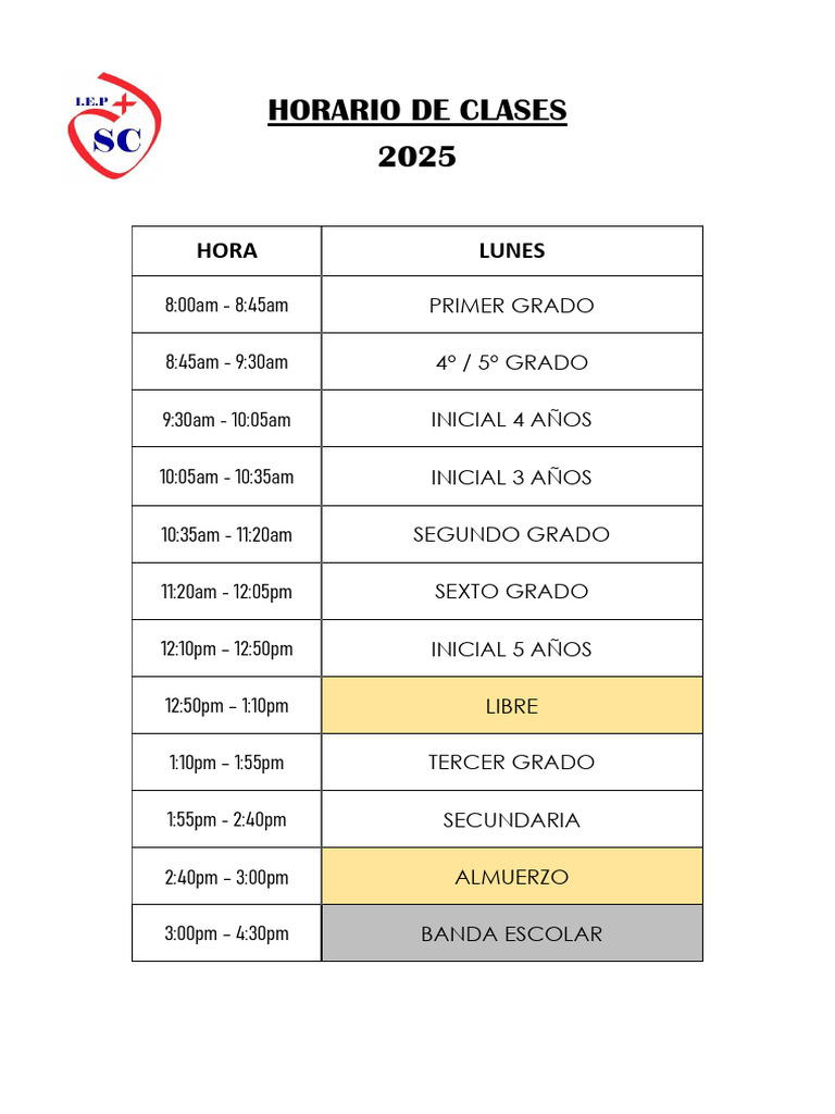 Modelo de Horario de Clases 2025 | PDF