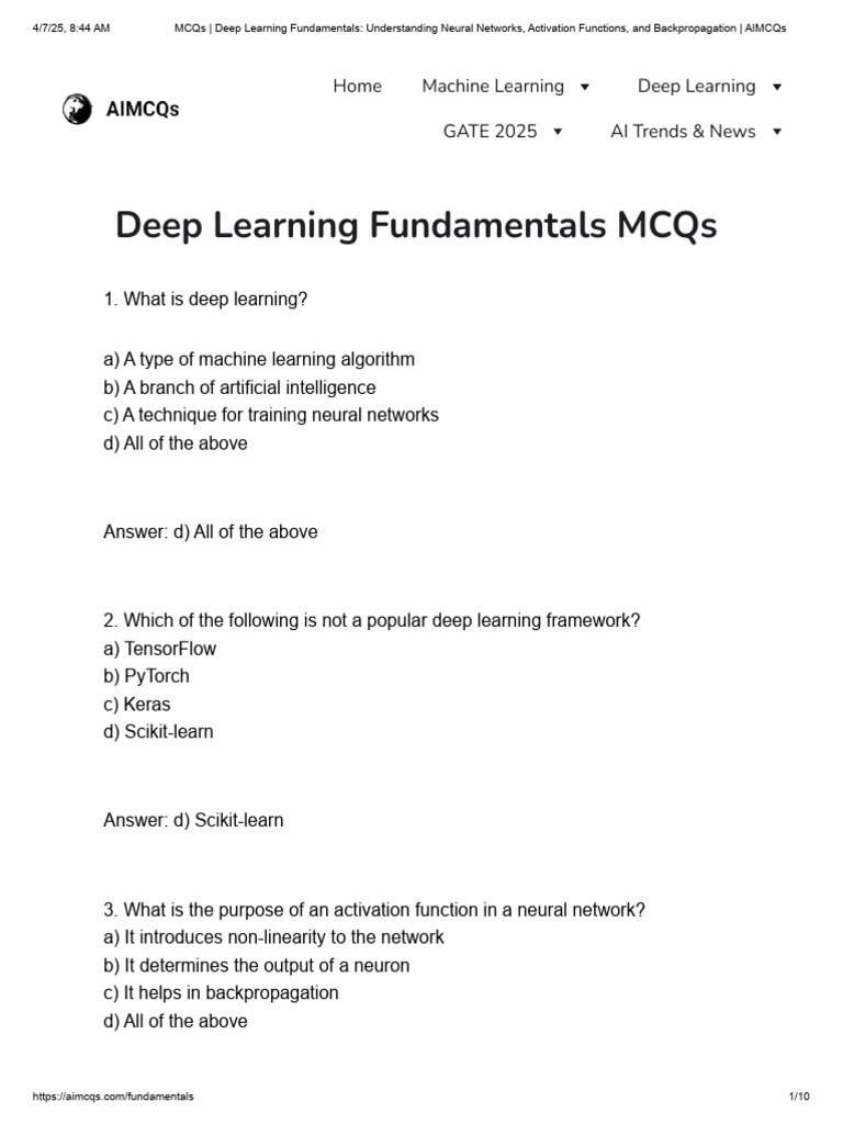 Deep Learning MCQs for Beginners | PDF | Deep Learning | Machine Learning