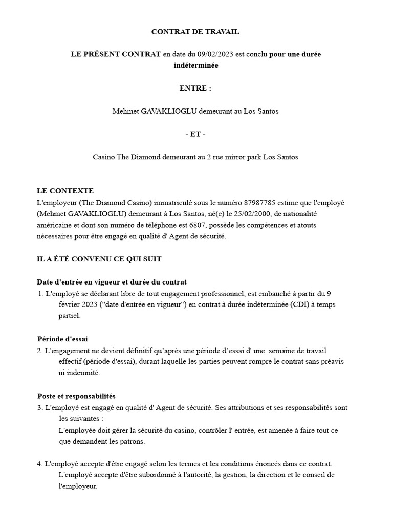 Contrat de travail Agent de sécurité CDI | PDF | Heures supplémentaires