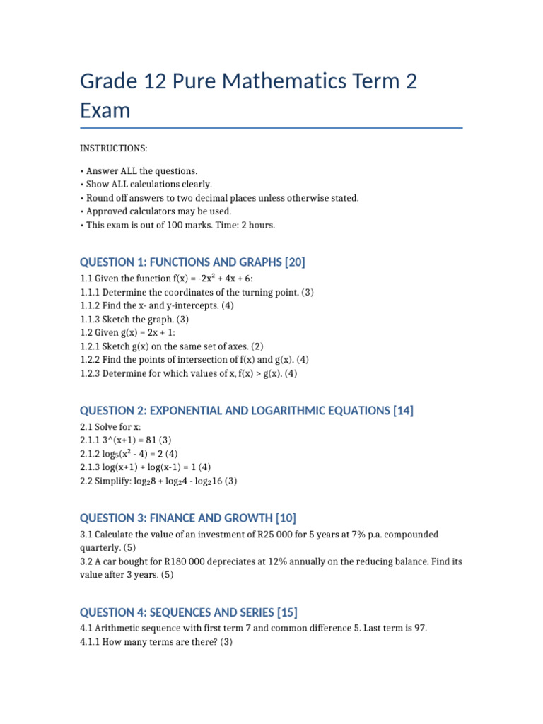 Grade 12 Pure Math Term 2 Exam Guide | PDF