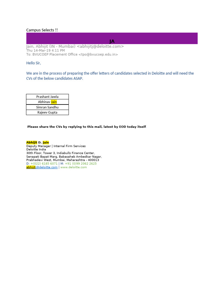 Deloitte Candidate CV Request Email | PDF
