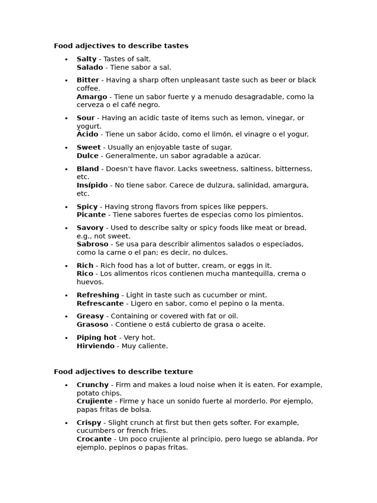 Food Adjectives To Describe Tastes | PDF | Alimentos