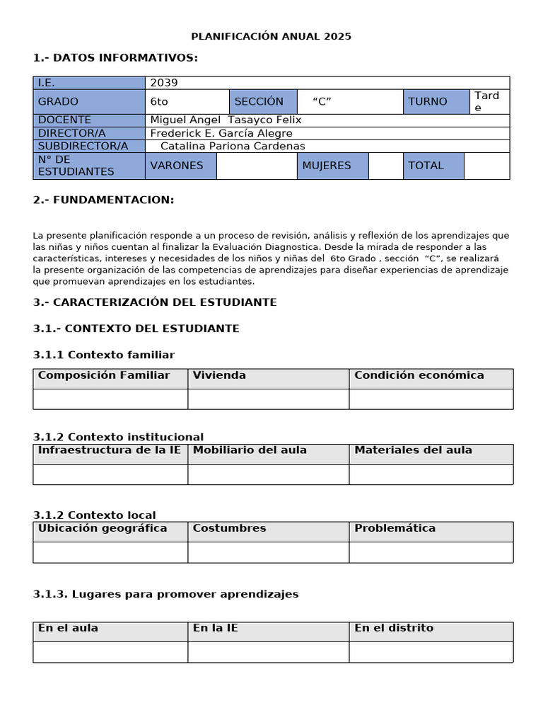 Planificación Anual 2025 para 6to Grado | PDF | Conocimiento | Salón de ...