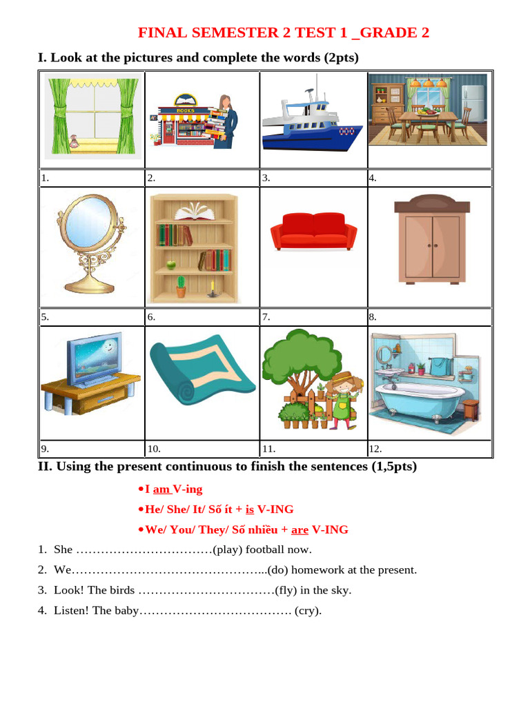 Grade 2 Final Test: Present Continuous & Hobbies | PDF
