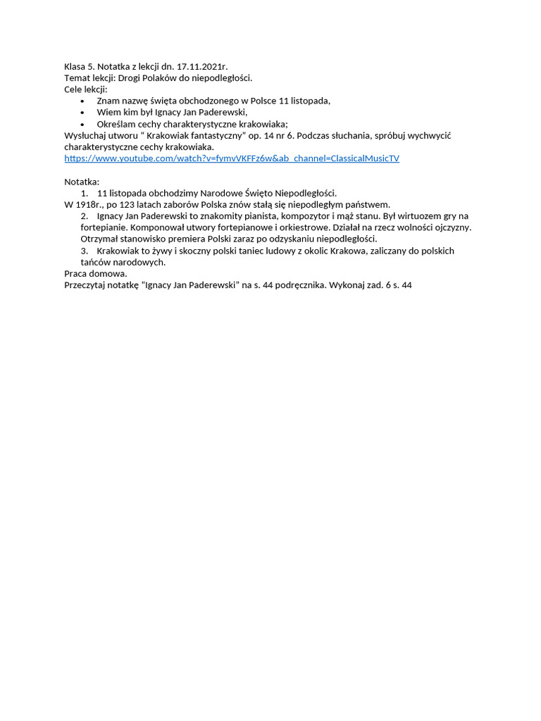 Notatka Klasa 5 | PDF