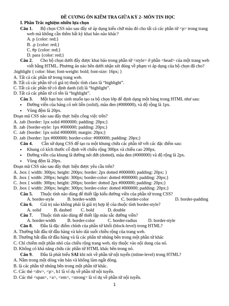 De Cuong Tin 12 Giua Ky 2 | PDF