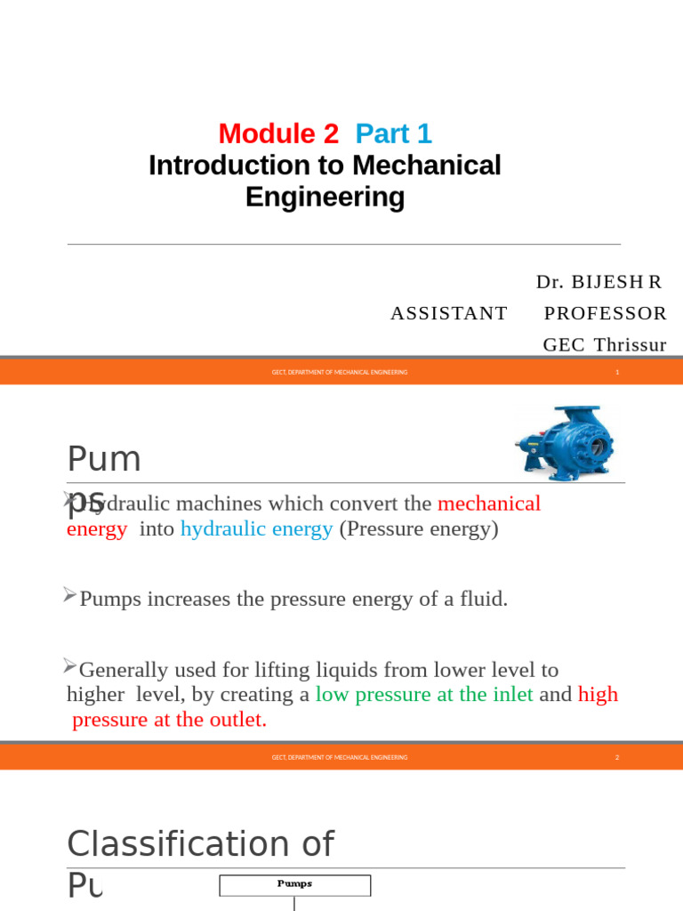Introduction to Mechanical Engineering Pumps | PDF | Pump | Fluid Mechanics