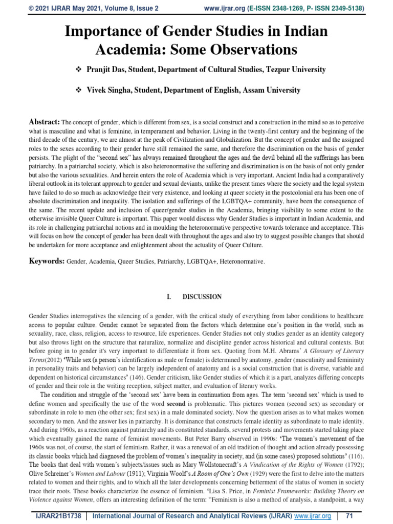Importance of Gender Studies in India | PDF | Gender | Gender Studies
