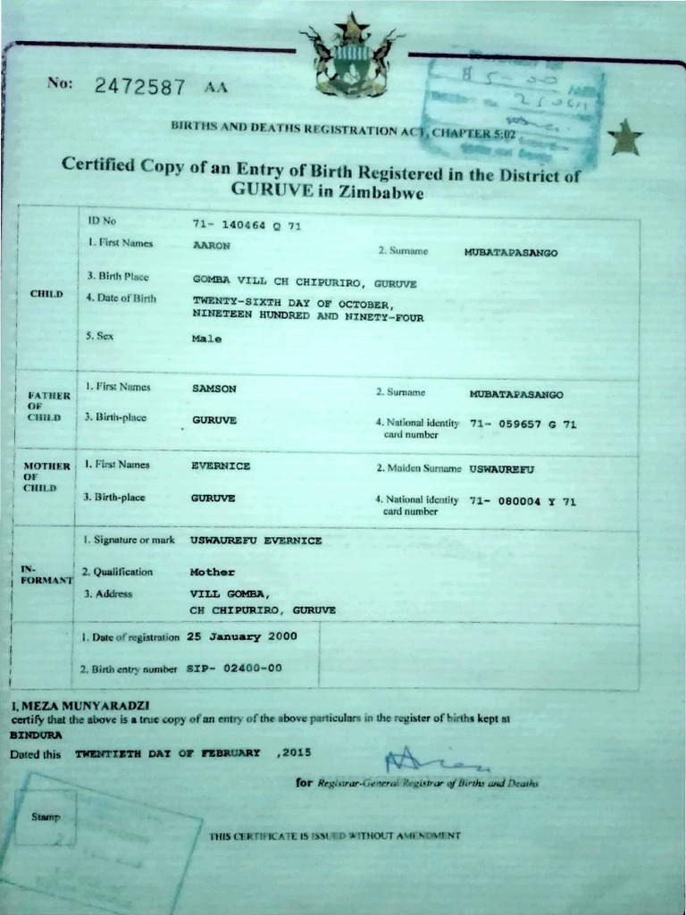 Zimbabwe Birth Certificate Details | PDF | Governance | Privacy