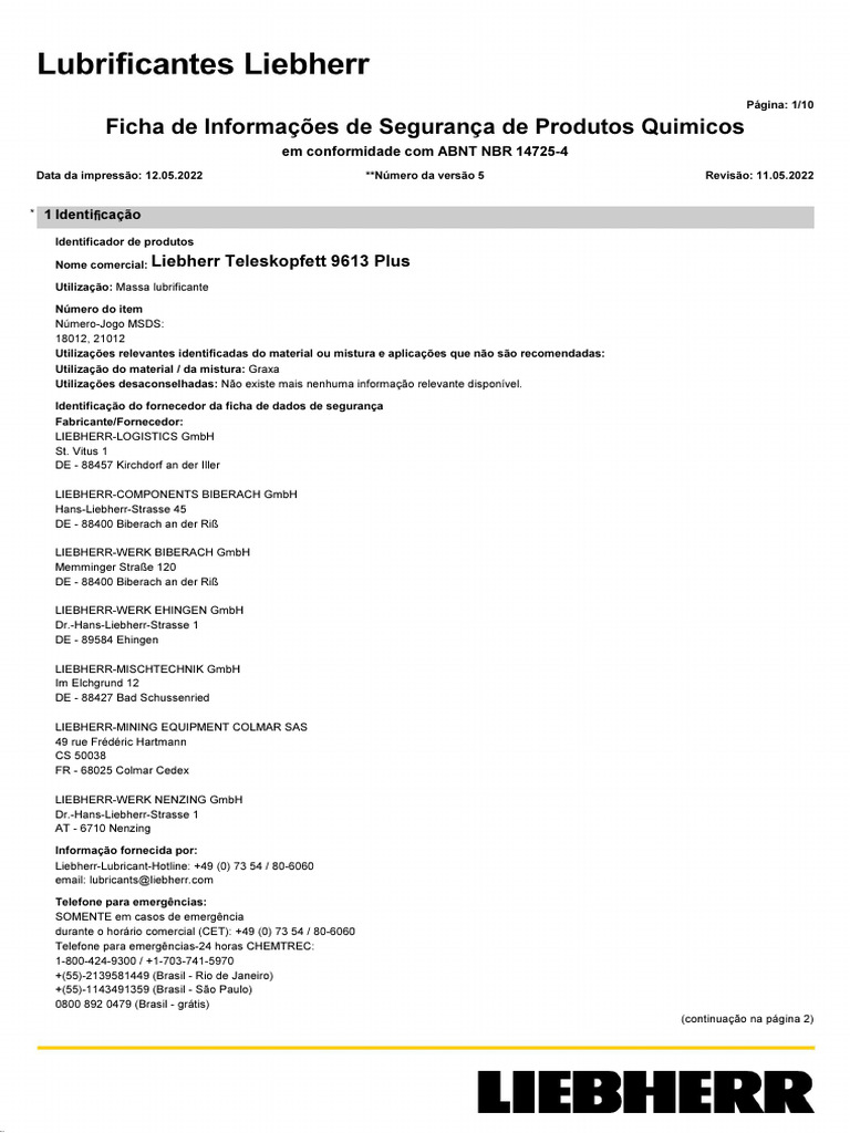 Segurança do Liebherr Teleskopfett 9613 Plus | PDF | Desperdício | Química