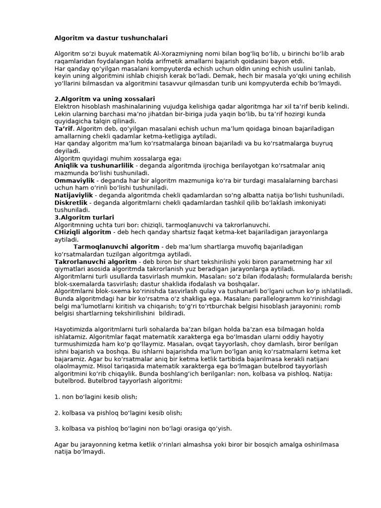 Algoritm Va Dastur Tushunchalari | PDF