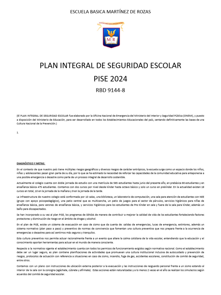 Plan de Seguridad Escolar 2024 PISE | PDF | Valores | Educación de la ...
