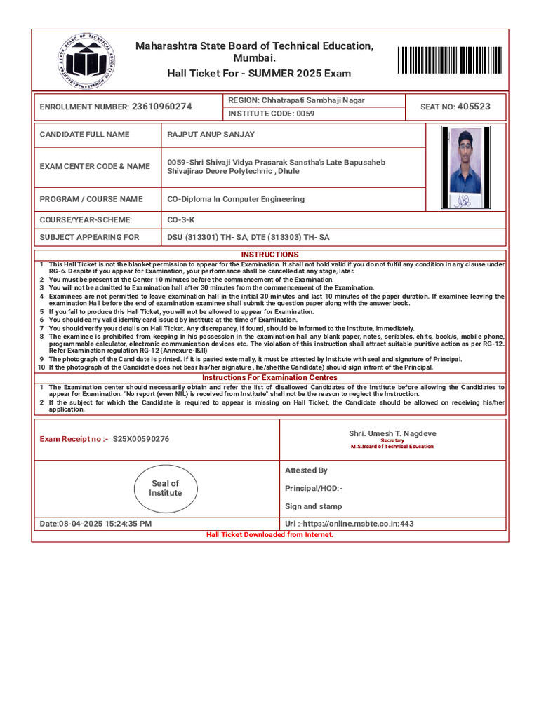 Hall Ticket for Summer 2025 Exam | PDF