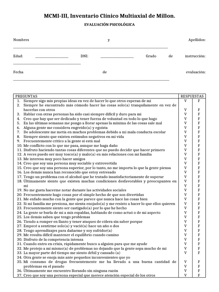 Evaluación MCMI-III: Inventario Psicológico | PDF | Sicología ...