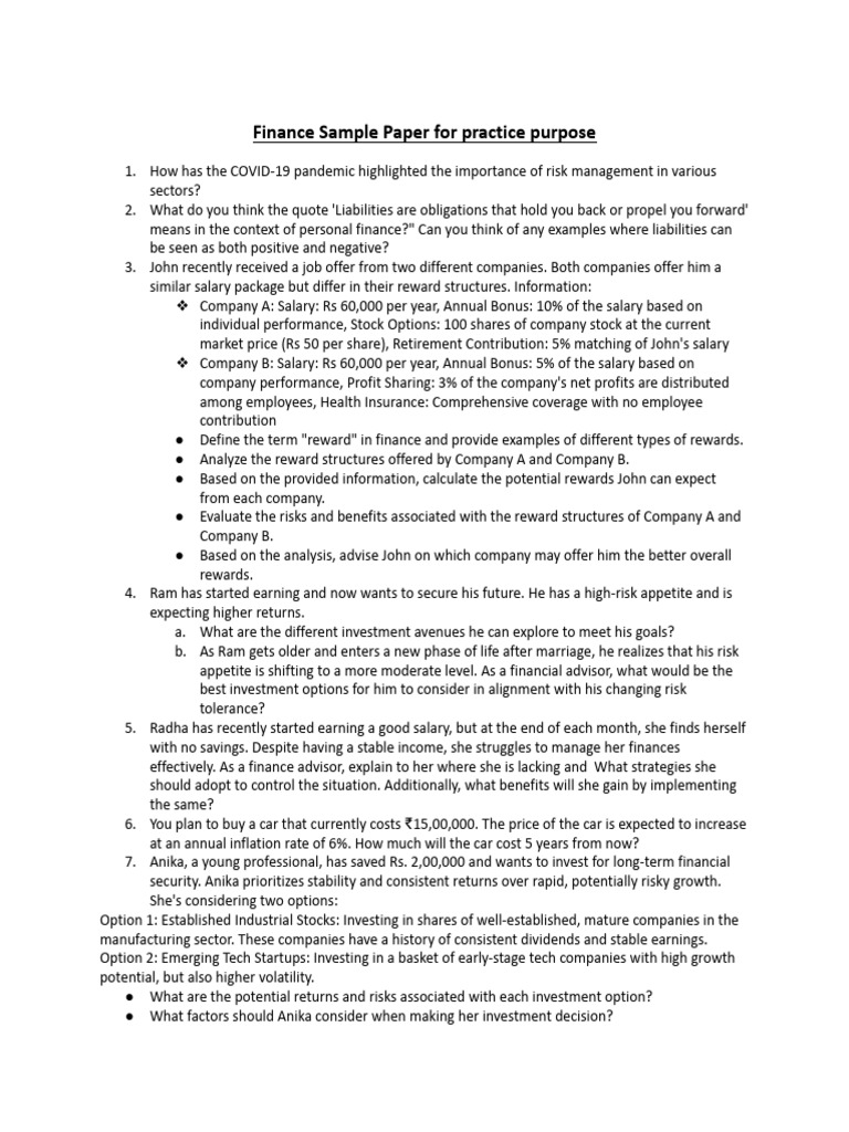 Finance Practice Paper: Key Concepts & Analysis | PDF | Option (Finance ...