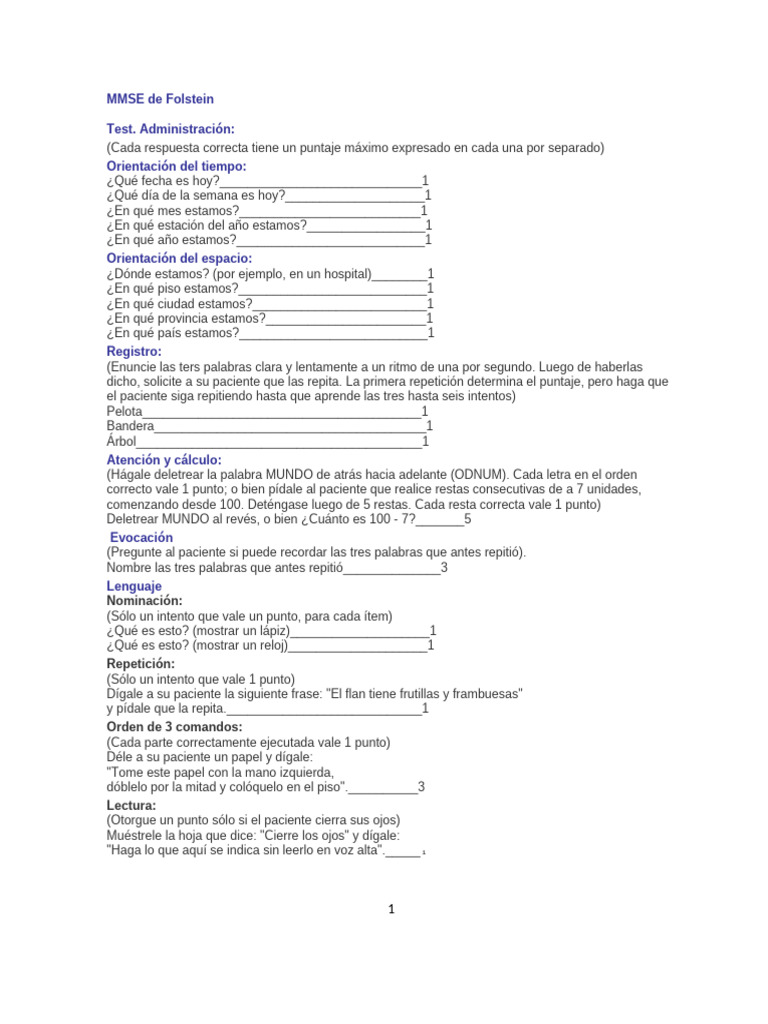Test MMSE de Folstein: Guía de Administración | PDF | Lingüística