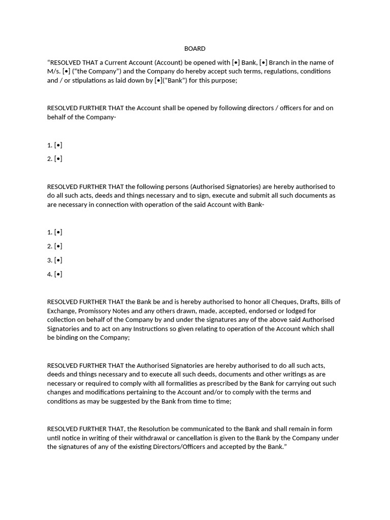 Company Bank Account Resolution Document | PDF