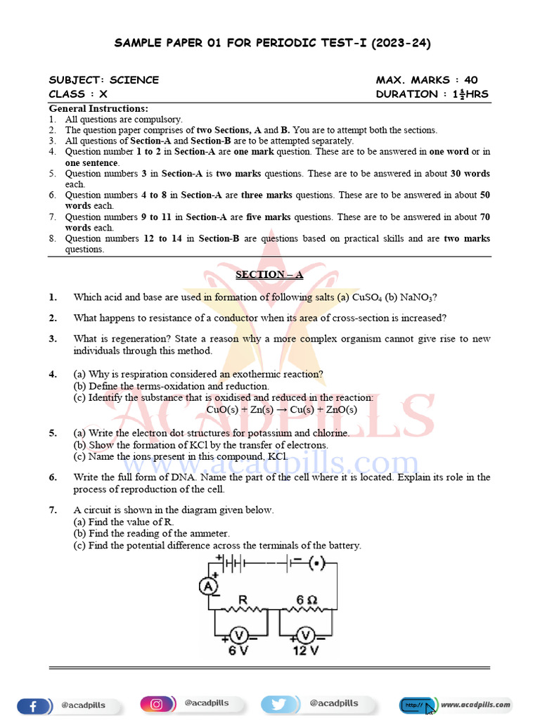 Class 10 Science Periodic Test 1 Paper | PDF | Physical Sciences ...