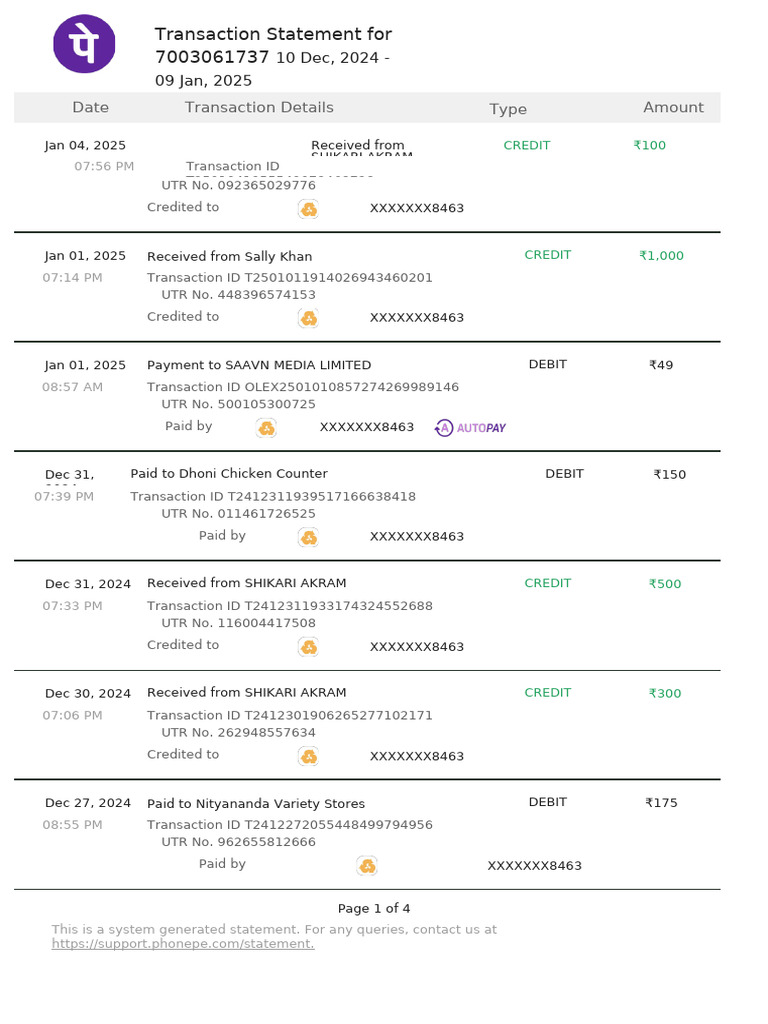 PhonePe Transaction Statement Summary | PDF | Debit Card | Financial ...