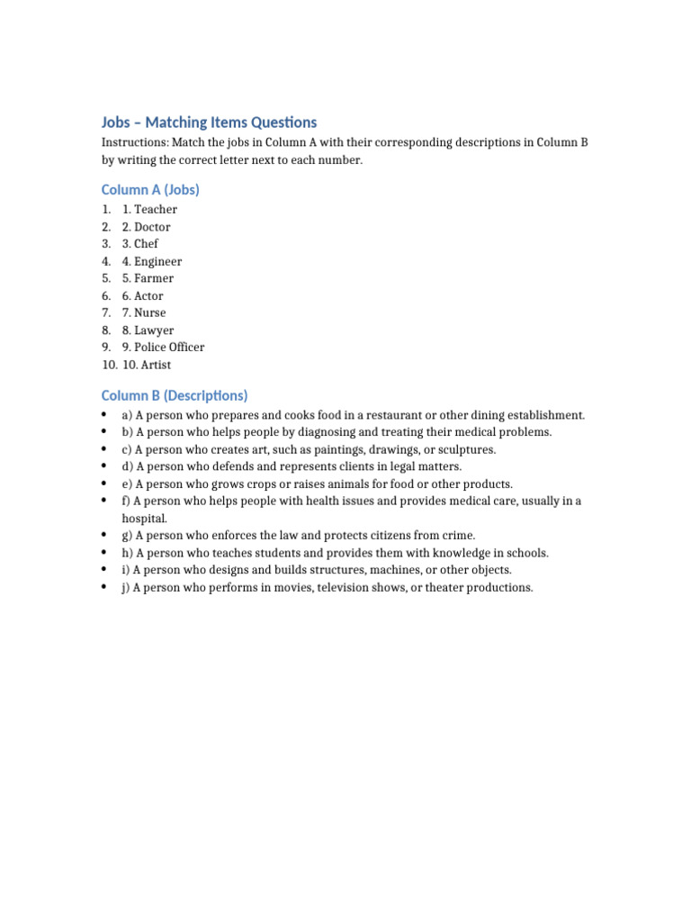 Jobs Matching Items Questions | PDF