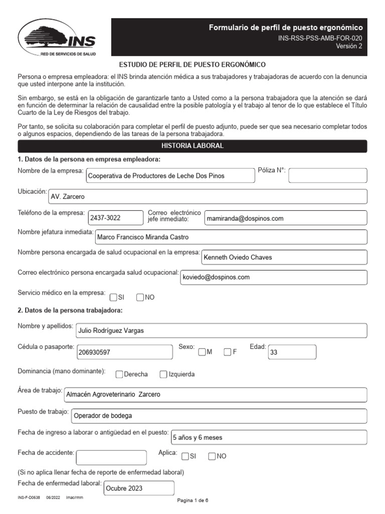 D0638 Perfil de Puesto Ergonomico RSS Edit | PDF | Mano | Dolor lumbar